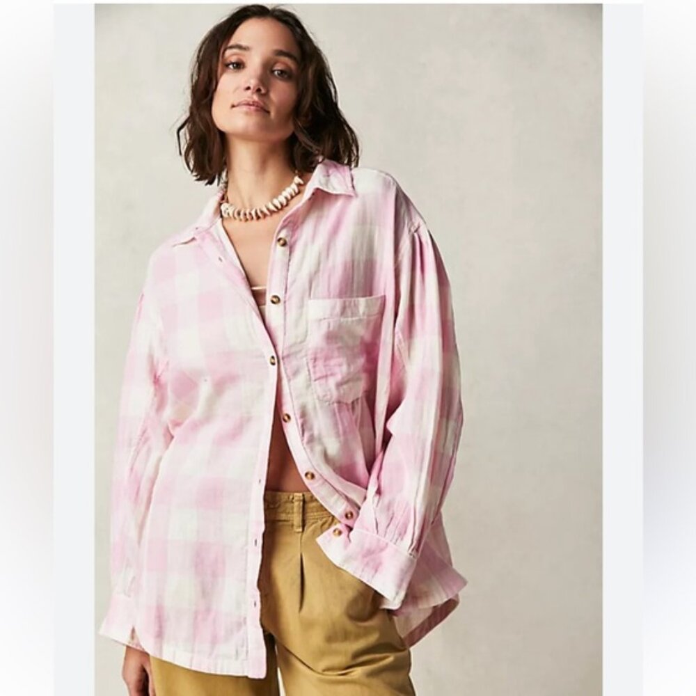 Free People like new pink/white buffalo print, Size Medium - Picture 5 of 5